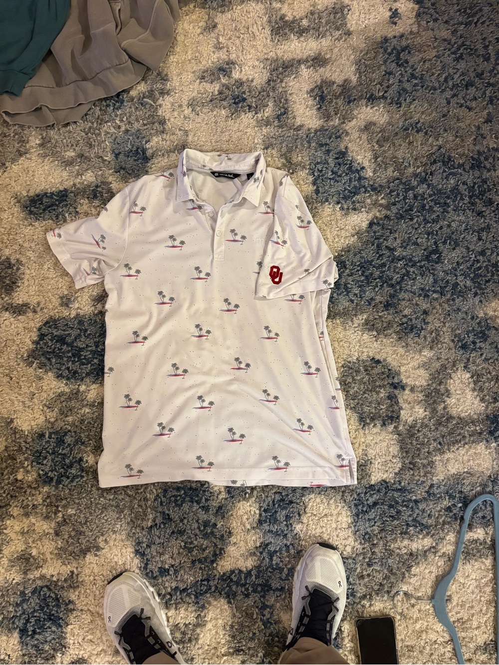 TravisMathew White Polo with Gray Palm Print and Red-Blue Accent